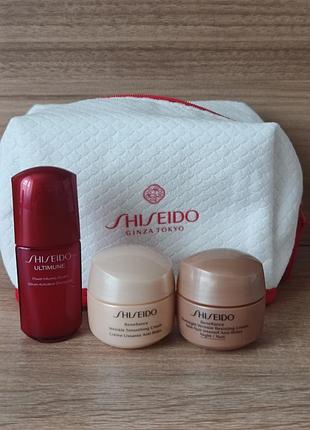Набір shiseido крем для обличчя сироватка для очей benefiance anti-wrinkle з косметичкою