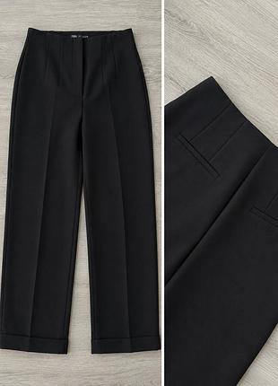 Чорні класичні штани zara з високою посадкою та відворотами (розмір m)