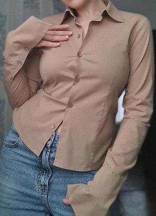 Бежева приталена сорочка / сорочка з довгими манжетами / сорочка з довгим рукавом / сорочка з довгими рукавами / 2yk сорочка / блуза 2yk / 2 yk