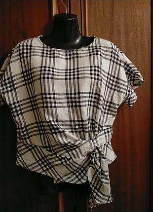 Блузка женская zara белая в клетку с украшением по поясу в виде завязанной полоски р. s- l