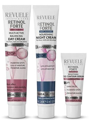 Антивіковий набір 3в1 для обличчя мультиактивний retinol forte revuele, денний крем + нічний крем + сироватка для контуру очей