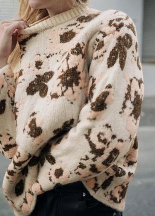 🖤пушистый объемный свитер в цветочный принт/жакардовый джемпер zara оверсайз🖤