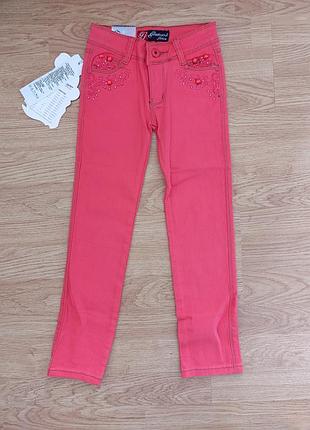 Яркие кораллово-красные джинсы glamour jeans со стразами на девочку 5-8 лет