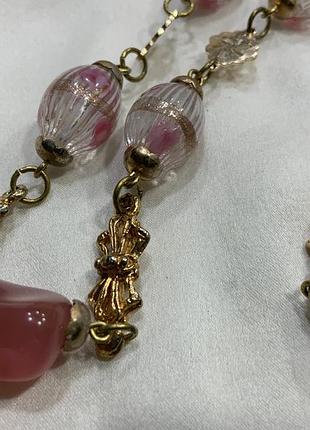 ✨🌸🎀 нежное винтажное ожерелье из муранского стекла розовые бусины и золотистые бантики 🎀🌸✨ 3