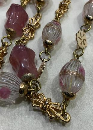 ✨🌸🎀 нежное винтажное ожерелье из муранского стекла розовые бусины и золотистые бантики 🎀🌸✨ 4
