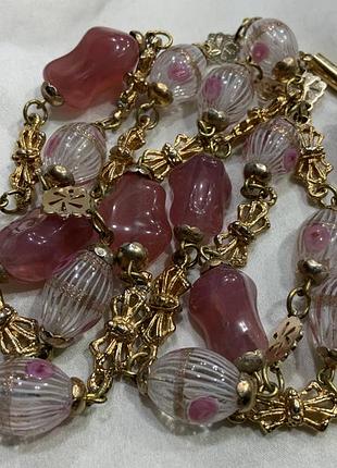✨🌸🎀 нежное винтажное ожерелье из муранского стекла розовые бусины и золотистые бантики 🎀🌸✨ 8