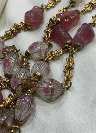 ✨🌸🎀 ніжне вінтажне намисто з муранського скла рожеві бусини та золотисті бантики 🎀🌸✨