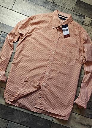 Чоловіча стильна сорочка tommy hilfiger у жовтогарячо-білу дрібну карту розмір xl