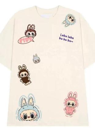 Футболка з лабубу (labubu) oversize бежева