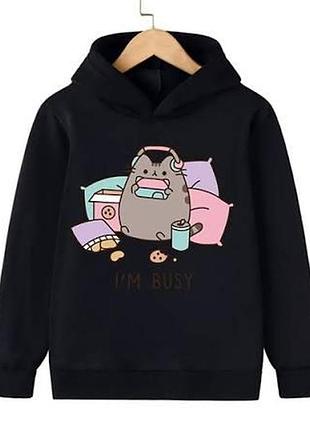 Детская кофта с пушином, худи черные с кот пушин, сat pusheen