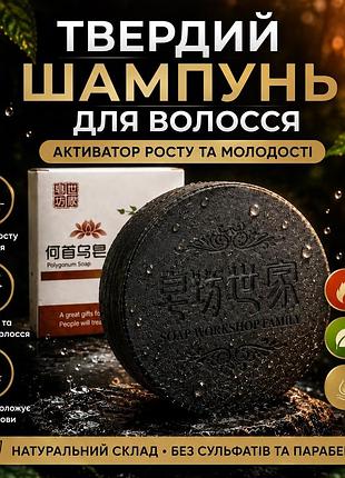 Твердий шампунь для волосся polygonum soap 100 г, чорне мило-шампунь з женьшенем та горцем багатоквітковим + сіточка в подарунок