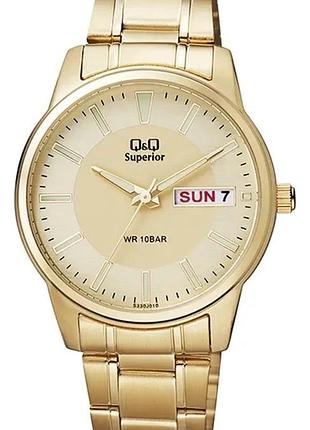 Чоловічий годинник q&q s330j010y superior сталевий корпус золотистий браслет день тижня дата водозахист 100 м золотистий циферблат
