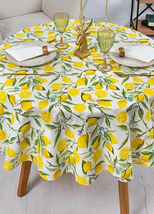 Скатерть круглая тефлоновая водоотталкивающая лимоны и веточки 140