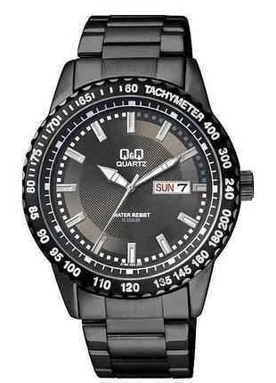 Мужские часы q&q a194j402y чёрный браслет тахиметр день недели дата водозащита 50 м чёрный циферблат