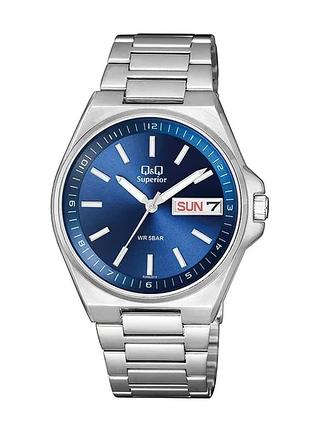 Мужские часы q&q s396j212y superior стальной корпус день недели дата водозащита 50 м синий циферблат