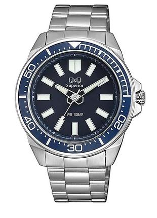 Мужские часы q&q s374j212y superior стальной корпус синий безель водозащита 100 м синий циферблат