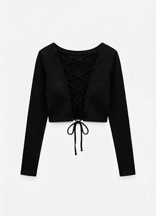 Черный кроп-топ asyou с длинным рукавом и шнуровкой на спине, размер plus size / l-xl (uk 16 / eur 44)