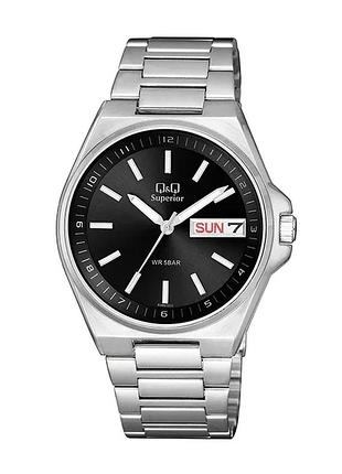 Мужские часы q&q s396j202y superior стальной корпус день недели дата водозащита 50 м чёрный циферблат