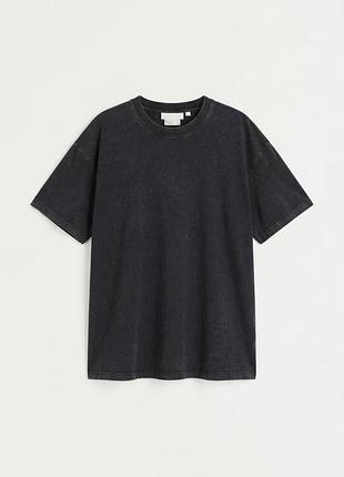 Мужская черная футболка оверсайз h&m с эффектом потертости (acid wash), 100% плотный коттон, размер xl
