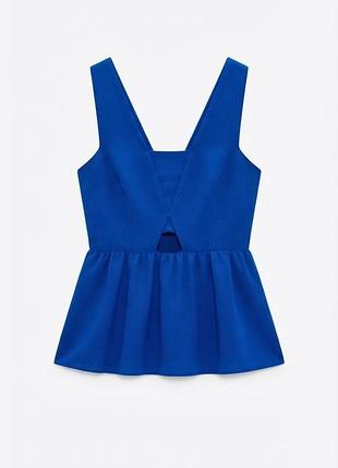 Яркий синий топ / блуза zara basic с баской и молнией, производство испания, размер xs