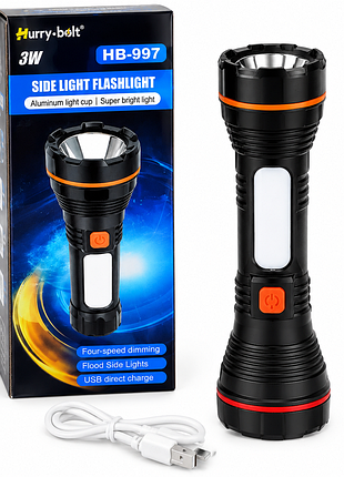 Фонарь ручной hurry bolt hb-997 с боковой лампой мощный светодиодный фонарик с аккумулятором зарядка от usb 3w черный