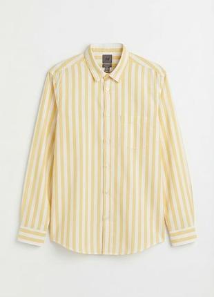 Мужская желтая в белую полоску плотная рубашка h&m slim fit premium cotton, 100% хлопок, размер xl (43/44)