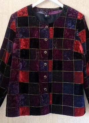Винтажный бархатистый жакет, samtjacke jacke samt в клетку 80-90-х годов "crazy pattern", размер 52-54