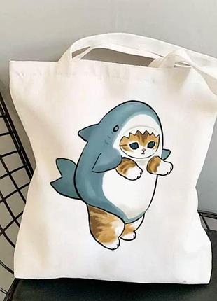 Сумка шоппер котик в костюмі акули
