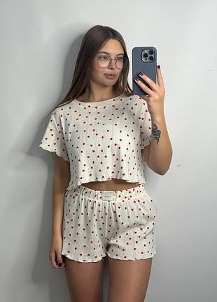 Женский трикотажный комплект для дома красные сердечки xl-2xl