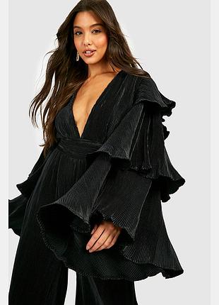 Комбинезон комбез черный плиссе широкий клеш дворко пышные рукава boohoo
