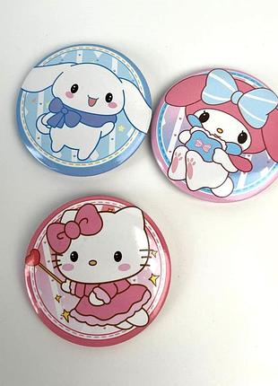 Значки круглі з sanrio мелоді, кітті та сінаморол, 3 шт