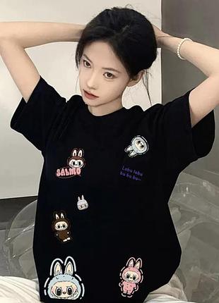 Футболка з лабубу (labubu) oversize чорна