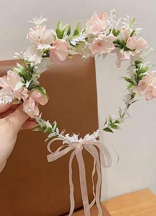 Венок с цветами, венчик на голову, венок для девочки с нежно-розовыми цветами