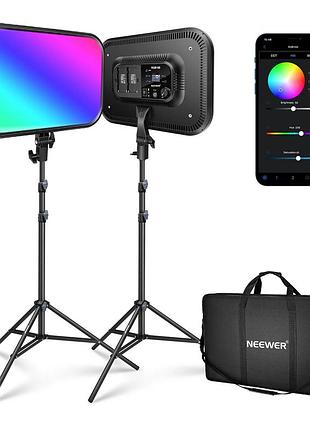 Комплект студийного светодиодного видеосвета со штативами neewer rgb168 60вт с app управлением (2500k до 8500k, rgb, cri 97+)