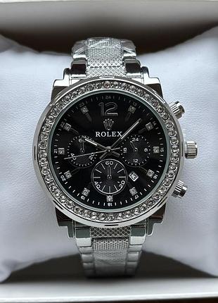 Хіт! жіночий годинник на браслеті rolex срібного кольору з чорним циферблатом
