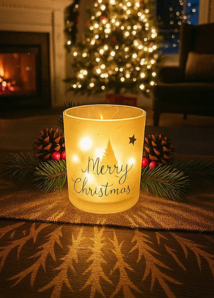 Світлодіодна декорація dynamax deco glas на батарейках з принтом "merry christmas з зірками та ялинками"