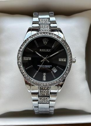 Хіт! жіночий годинник на браслеті rolex срібного кольору з чорним циферблатом
