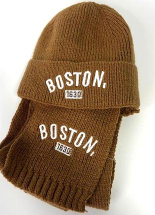Комплект шапка-бини и шарф, коричневый boston