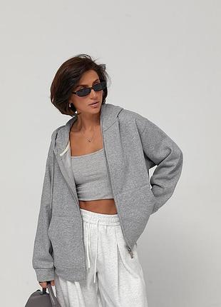 Теплое худи oversize на молнии с начесом цвет серый размер m/l fl_003542