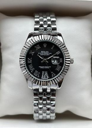 Хіт! жіночий годинник на браслеті rolex срібного кольору з чорним циферблатом