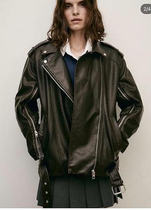 Шкіряна куртка zara подовжена косуха zara з поясом в шкодному трендовому кольорі