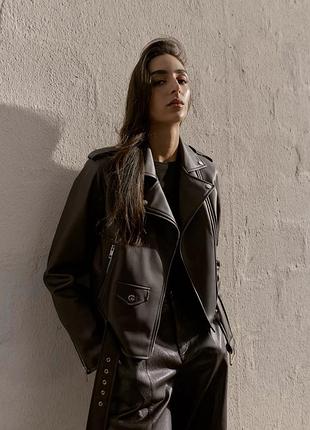 Шкіряна куртка zara косуха з поясом в шоколадному кольорі тренд 2026!
