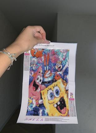 Алмазна мозаїка «спанч боб» готова, 20×30 см, круглі стрази
