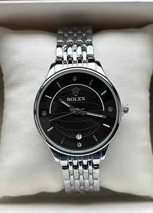 Хіт! жіночий годинник на браслеті rolex срібного кольору з чорним циферблатом