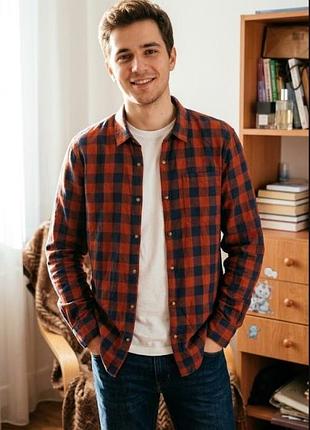 Мужская коттоновая рубашка в клетку pull &amp; bear - терракотовая (m)