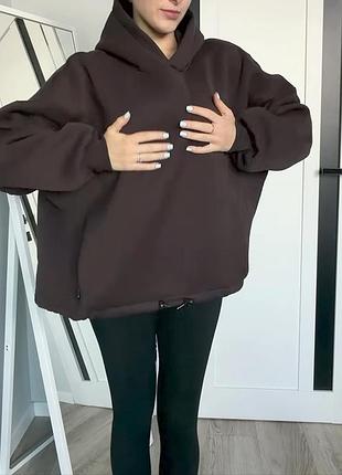 Теплое худи шоколадного цвета 🤎 oversize s/xl, трехнить с флисом