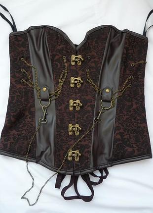 Коричневый стимпанк-корсет с цепочками и парчевым узором, steampunk корсет