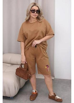 Супер стильний прогулянковий костюм двійка. футболка oversize з накатом+подовжені шорти.