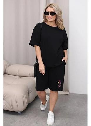 Супер стильний прогулянковий костюм двійка. футболка oversize з накатом+подовжені шорти.