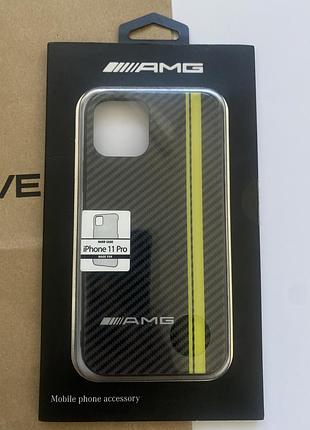 Оригинальный чехол mercedes-amg hard case для iphone 11 pro (карбон / желтая полоса)